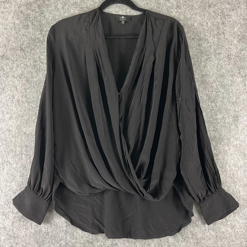7 For All Mankind Silk Blend Top Womens Medium Black Drapey Blouse V Neck Hi Low